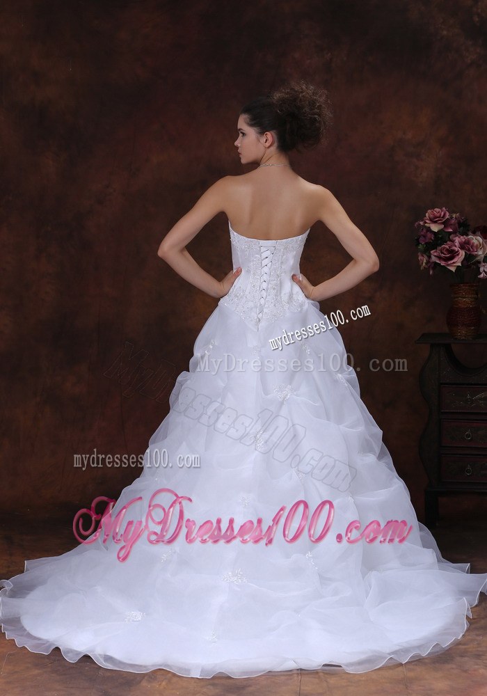 White Wedding Dress Pick-up Layers Corset Back Appliques Court Train