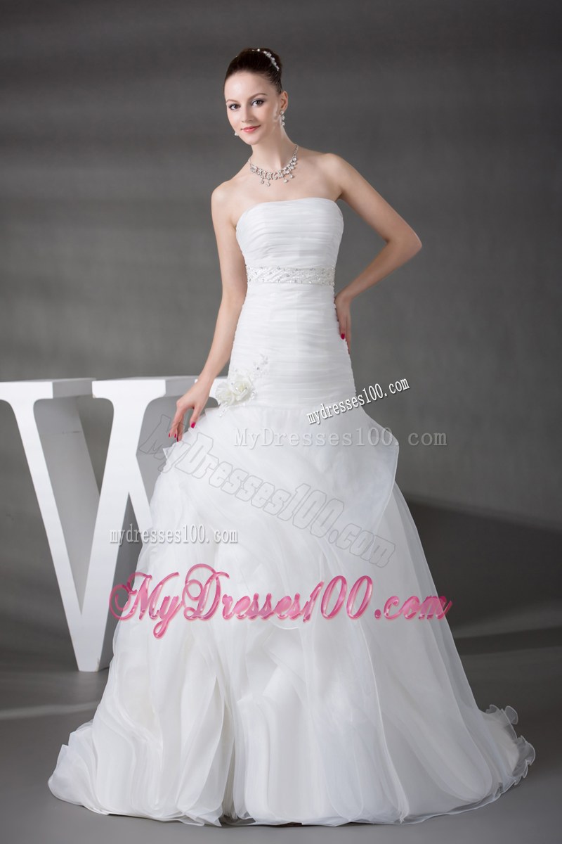 Ruching Tiers Beading and Handle Flowers Decorated Court Train Wedding Gown