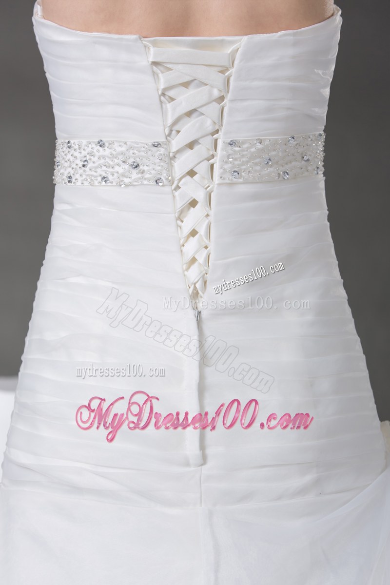 Ruching Tiers Beading and Handle Flowers Decorated Court Train Wedding Gown
