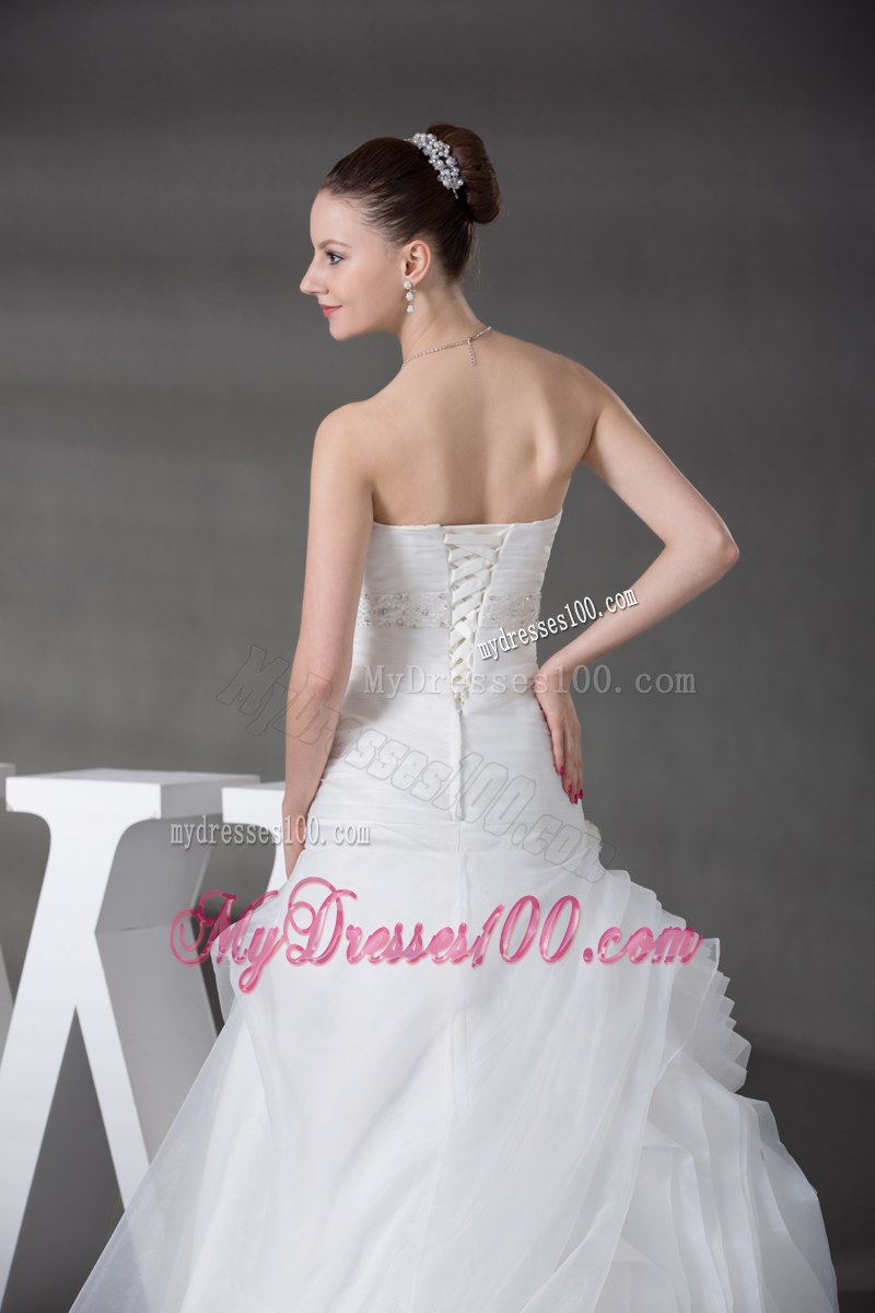 Ruching Tiers Beading and Handle Flowers Decorated Court Train Wedding Gown