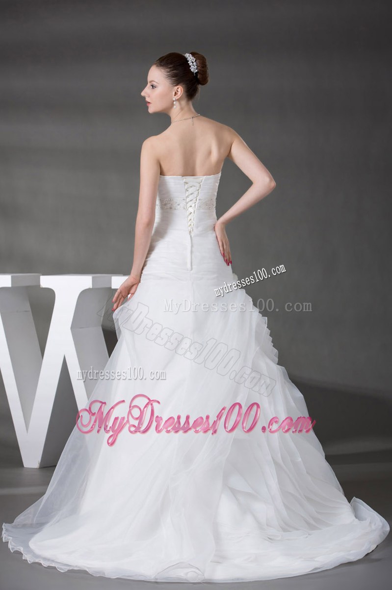 Ruching Tiers Beading and Handle Flowers Decorated Court Train Wedding Gown