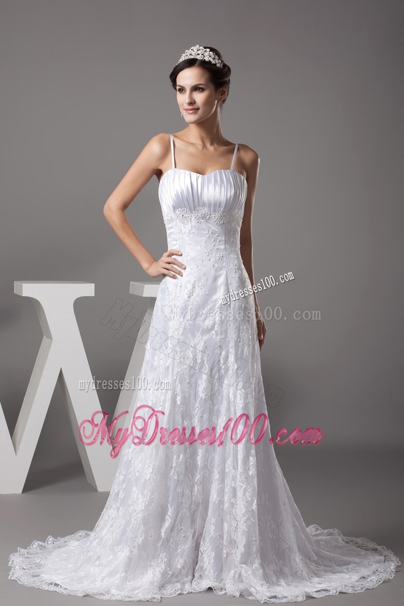 Spaghetti Straps Ruched Wedding Gown with Lace Flowers and Sweep Train