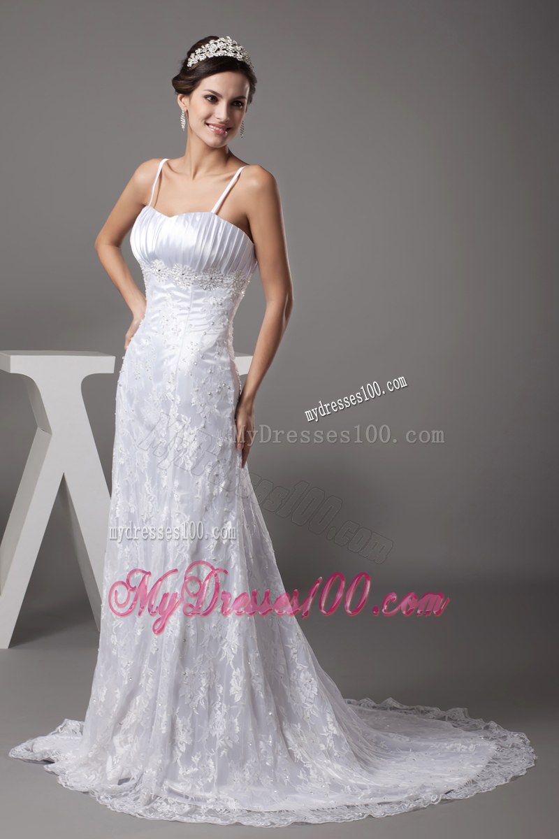Spaghetti Straps Ruched Wedding Gown with Lace Flowers and Sweep Train