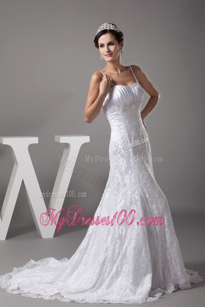 Spaghetti Straps Ruched Wedding Gown with Lace Flowers and Sweep Train
