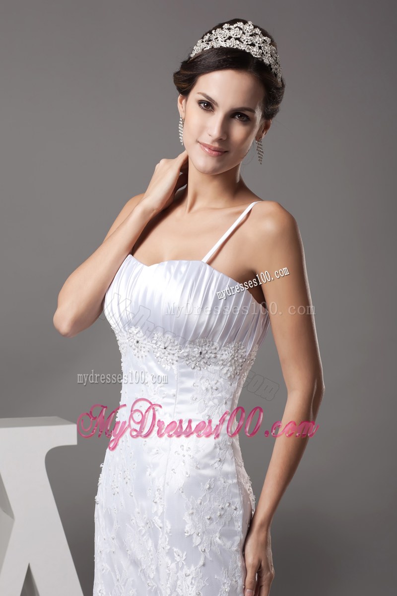 Spaghetti Straps Ruched Wedding Gown with Lace Flowers and Sweep Train