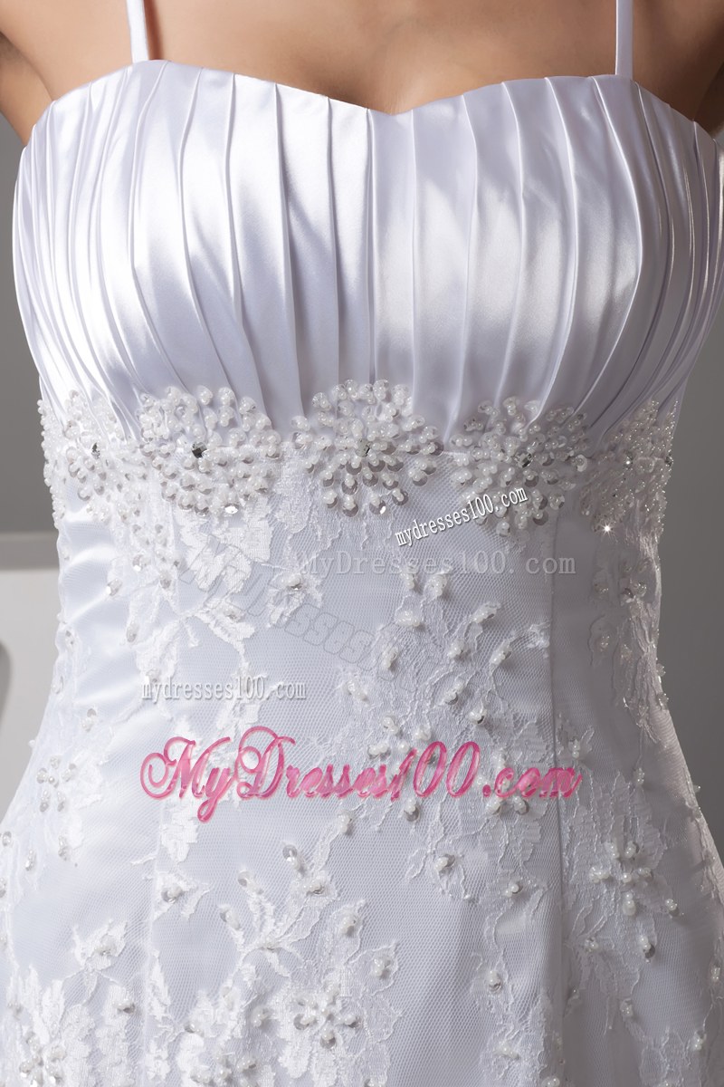 Spaghetti Straps Ruched Wedding Gown with Lace Flowers and Sweep Train