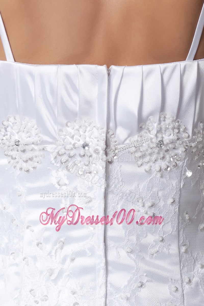 Spaghetti Straps Ruched Wedding Gown with Lace Flowers and Sweep Train