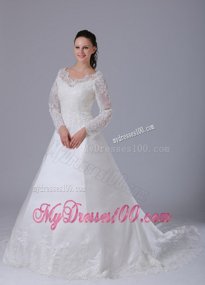 Ivory V-neck Satin Court Train Wedding Dresses with Long Sleeves