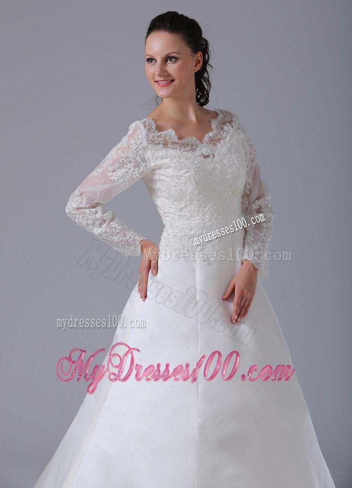 Ivory V-neck Satin Court Train Wedding Dresses with Long Sleeves