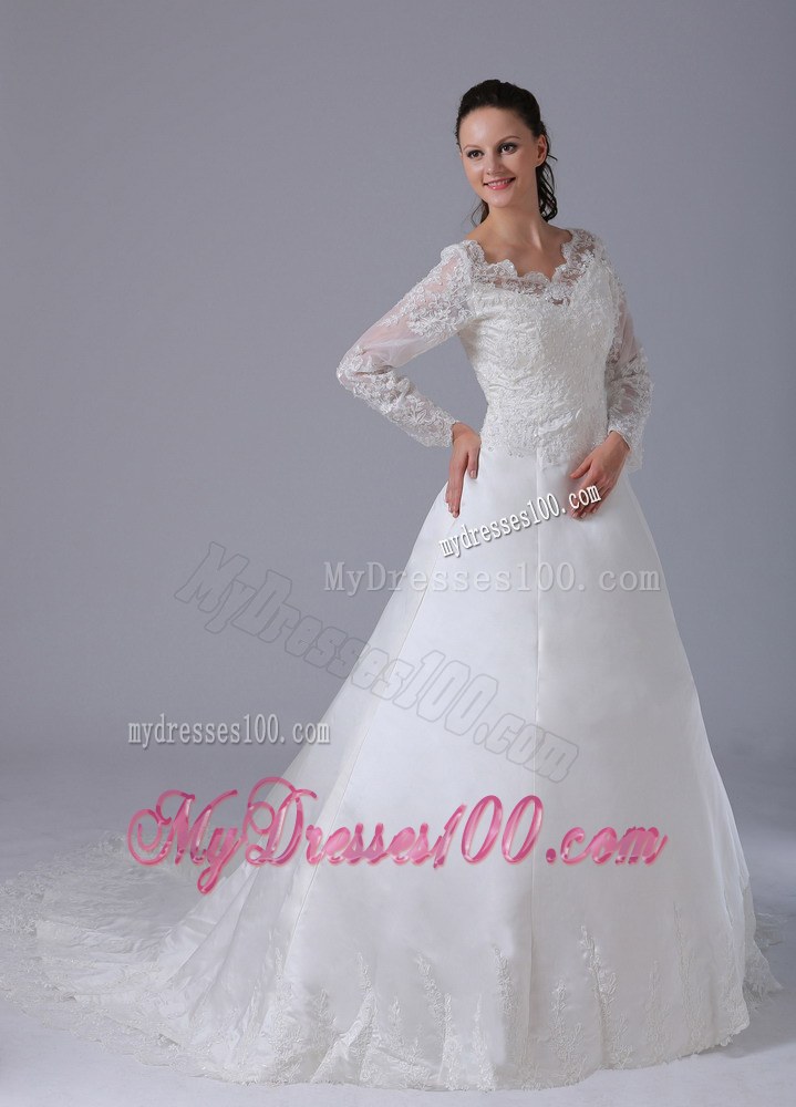 Ivory V-neck Satin Court Train Wedding Dresses with Long Sleeves