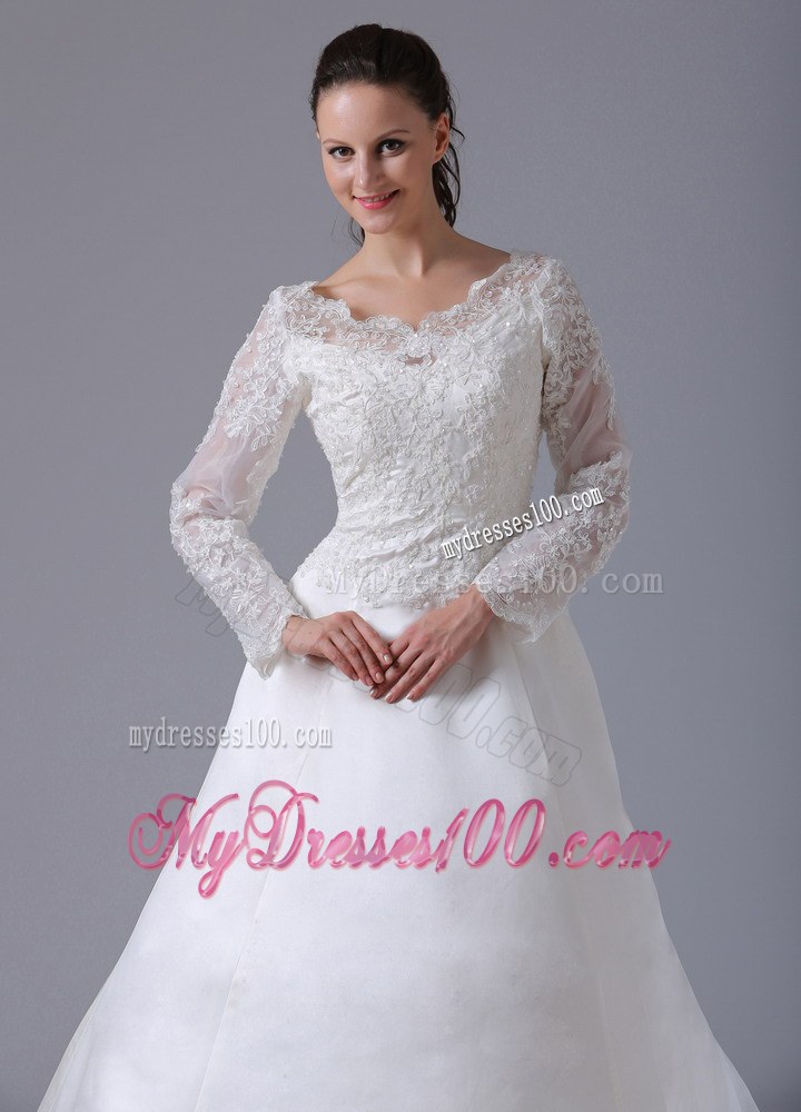 Ivory V-neck Satin Court Train Wedding Dresses with Long Sleeves