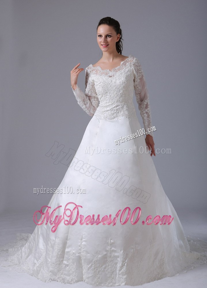 Ivory V-neck Satin Court Train Wedding Dresses with Long Sleeves