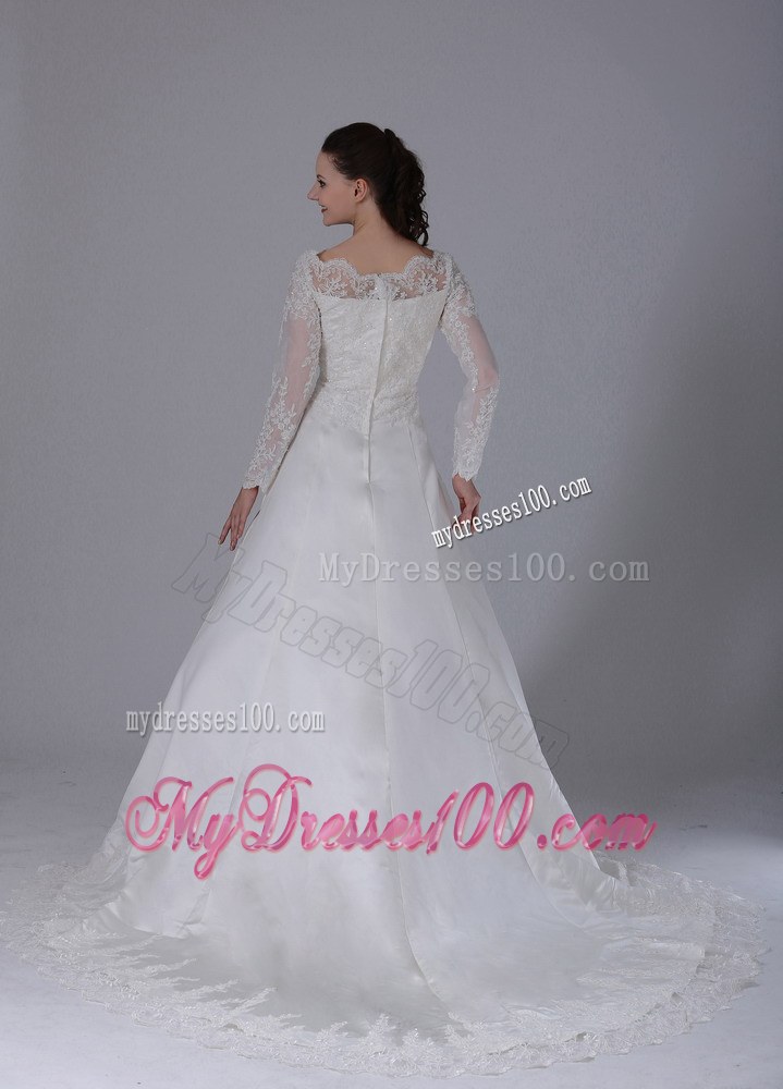 Ivory V-neck Satin Court Train Wedding Dresses with Long Sleeves