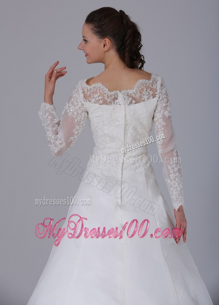 Ivory V-neck Satin Court Train Wedding Dresses with Long Sleeves
