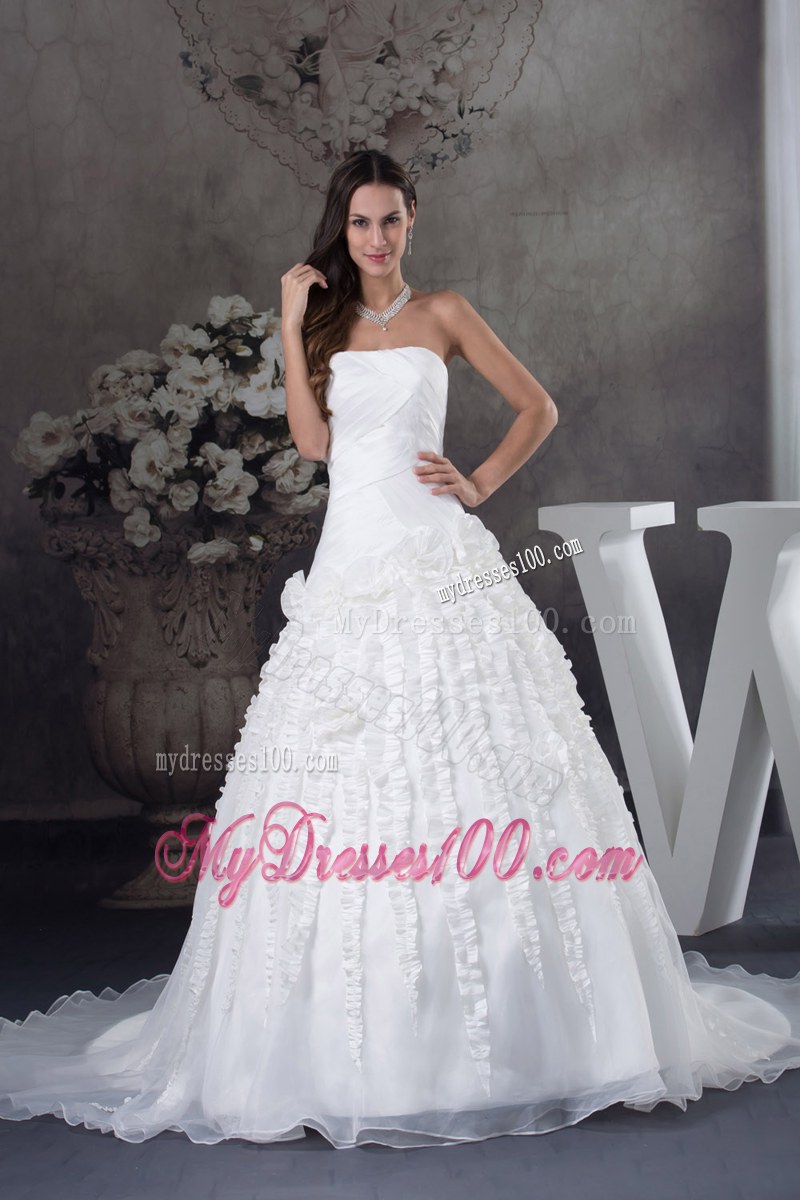 Ruche Small Ruffles and Handle Flowers Decorated Court Train Wedding Gown