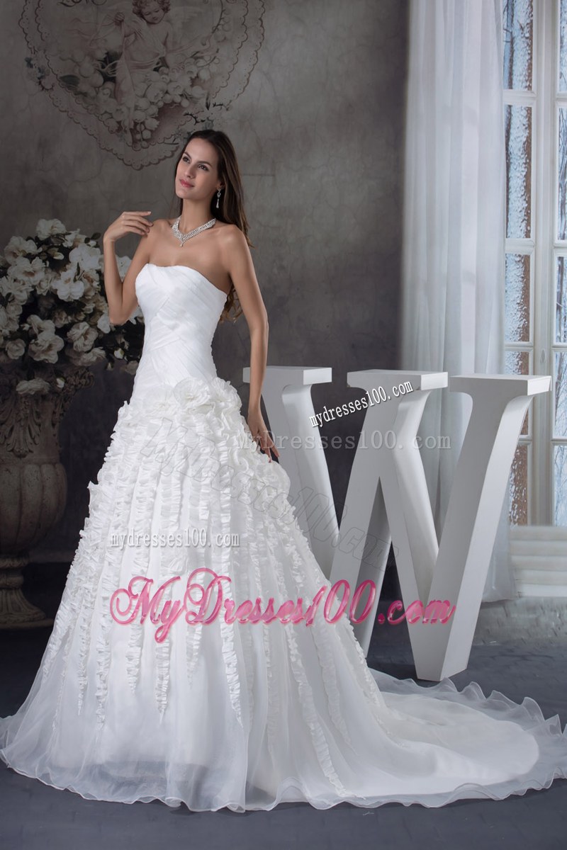 Ruche Small Ruffles and Handle Flowers Decorated Court Train Wedding Gown