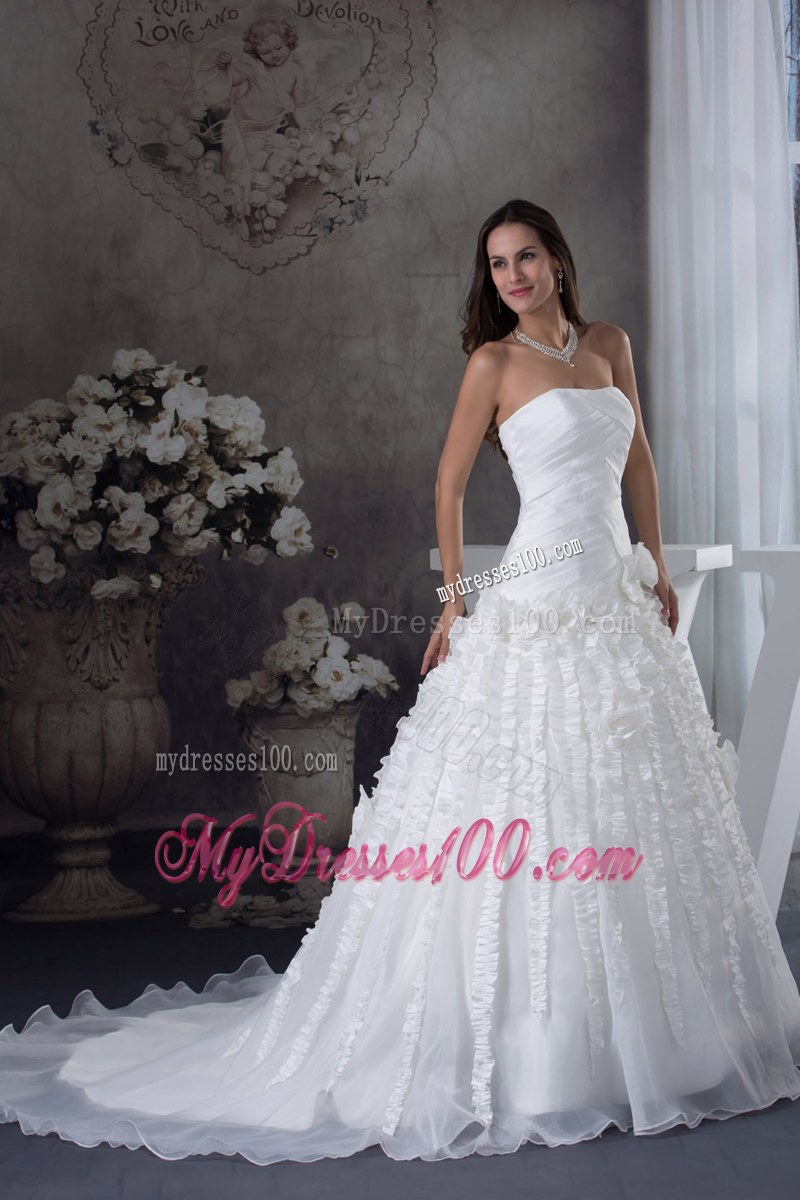 Ruche Small Ruffles and Handle Flowers Decorated Court Train Wedding Gown