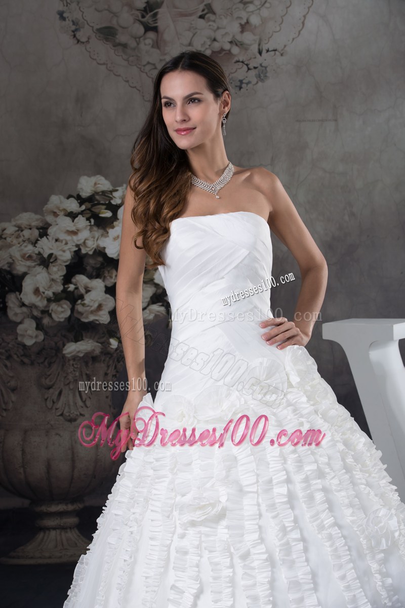 Ruche Small Ruffles and Handle Flowers Decorated Court Train Wedding Gown
