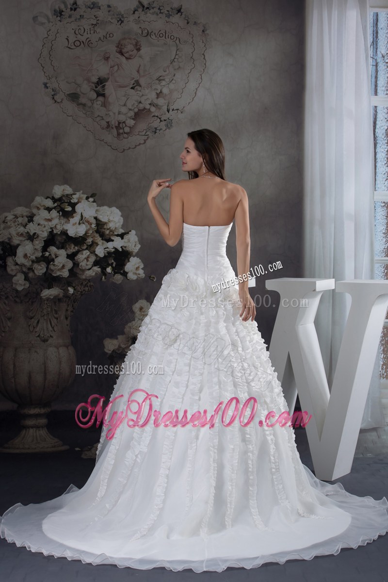 Ruche Small Ruffles and Handle Flowers Decorated Court Train Wedding Gown