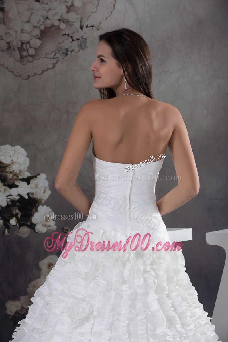 Ruche Small Ruffles and Handle Flowers Decorated Court Train Wedding Gown