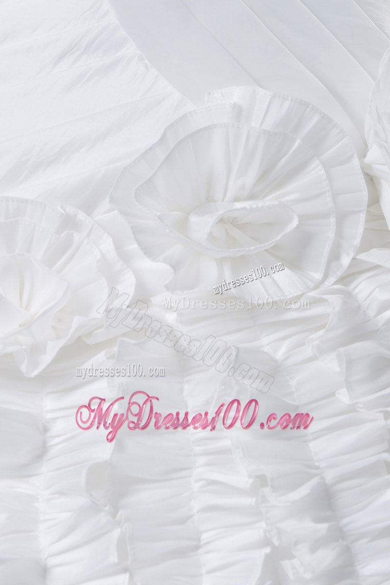 Ruche Small Ruffles and Handle Flowers Decorated Court Train Wedding Gown