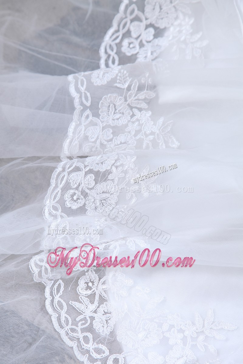 Pretty Lace Hem Beaded White Bridal Dress Pick Ups Court Train