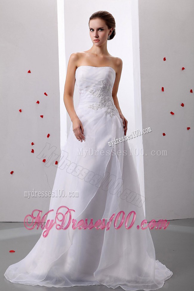 Appliques Decorated A-line Brush Train Organza bridal Dress Lace-Up Back