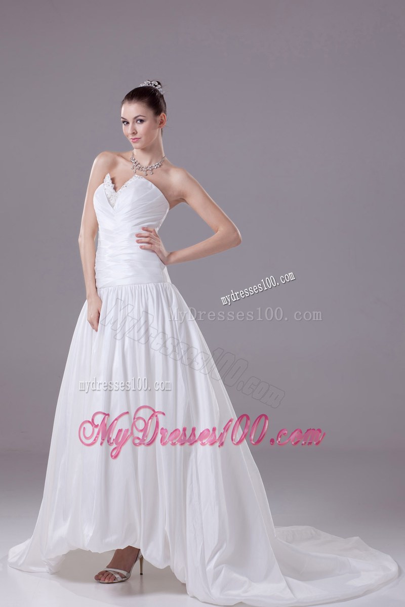 High Low Ruching Sheath Court Train Bridal Dress with Beading Decorated V-neck