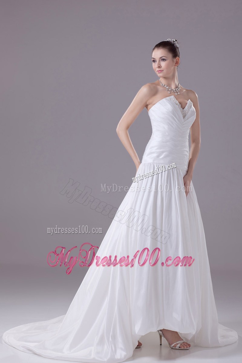 High Low Ruching Sheath Court Train Bridal Dress with Beading Decorated V-neck