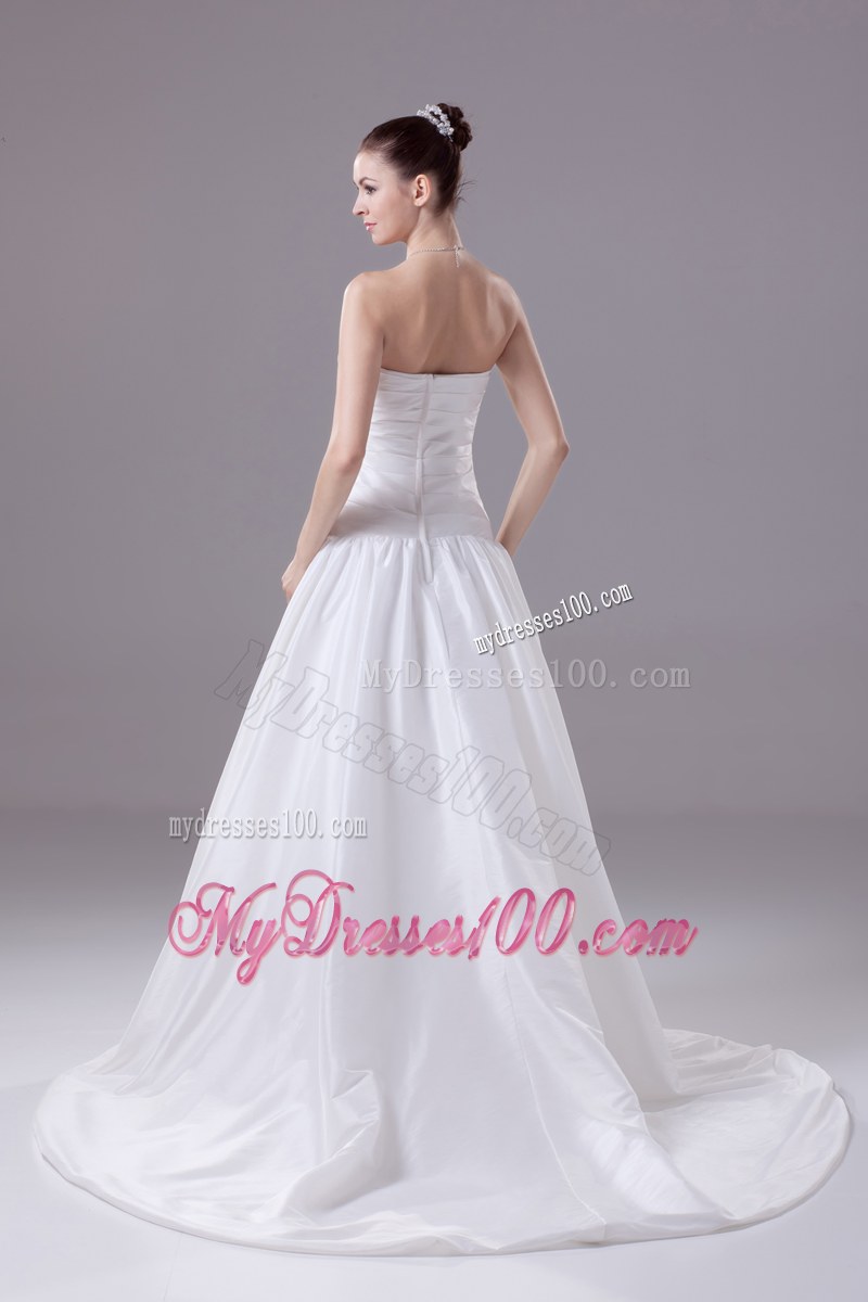 High Low Ruching Sheath Court Train Bridal Dress with Beading Decorated V-neck