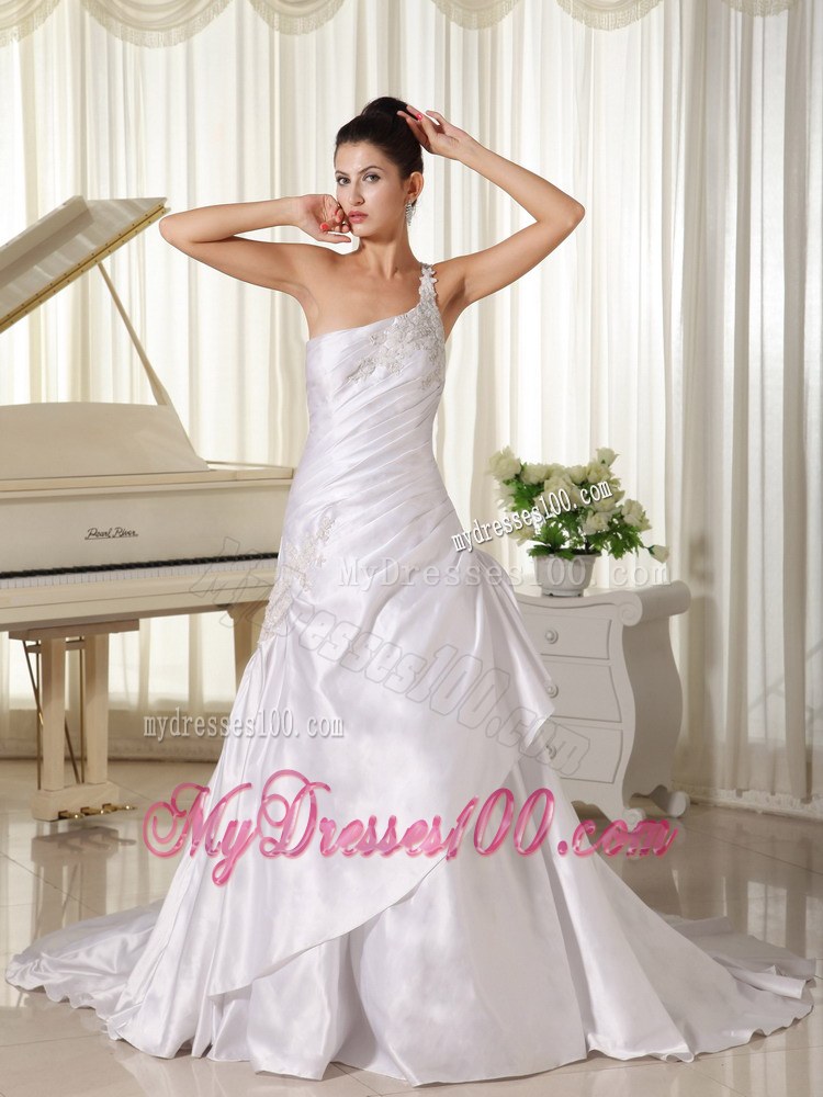 Appliques Decorated Single Shoulder and Bust Princess Wedding Bridal Gown