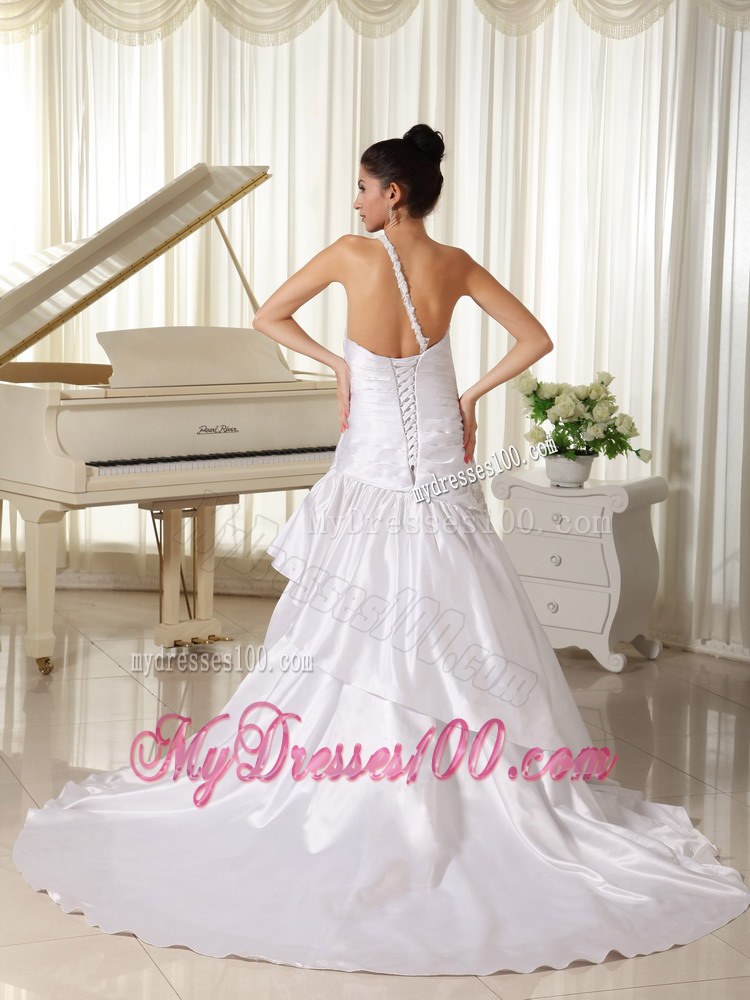 Appliques Decorated Single Shoulder and Bust Princess Wedding Bridal Gown