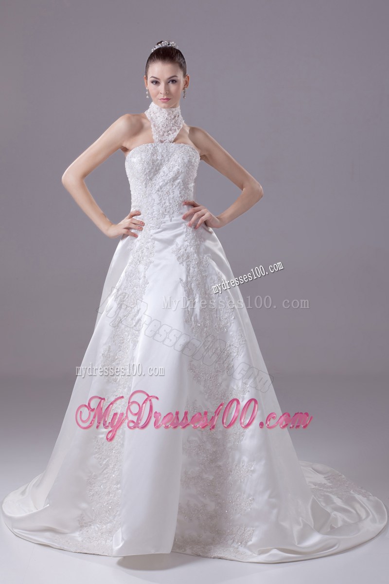 Lace High Neck Sweep Train Bridal Dress Decorated with Beaded Floral Appliques