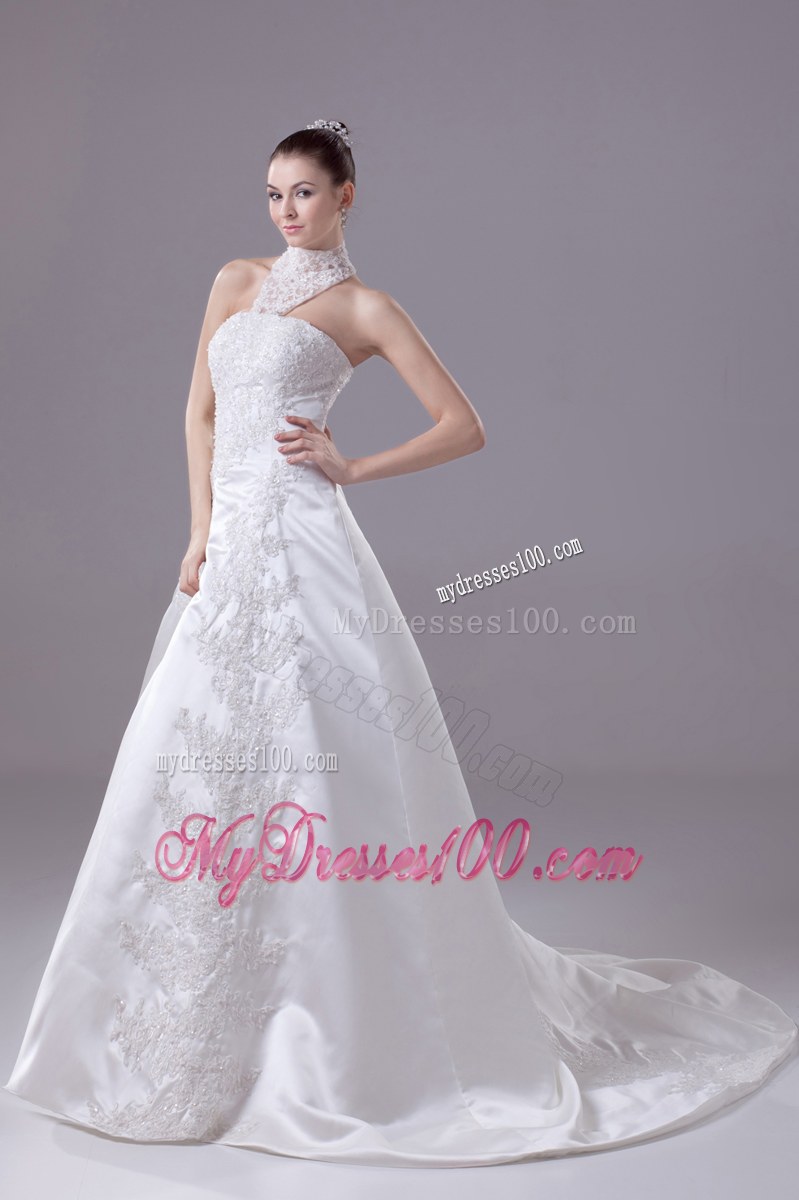 Lace High Neck Sweep Train Bridal Dress Decorated with Beaded Floral Appliques