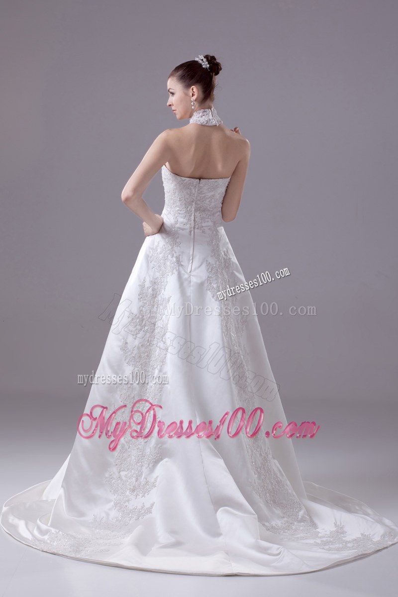 Lace High Neck Sweep Train Bridal Dress Decorated with Beaded Floral Appliques