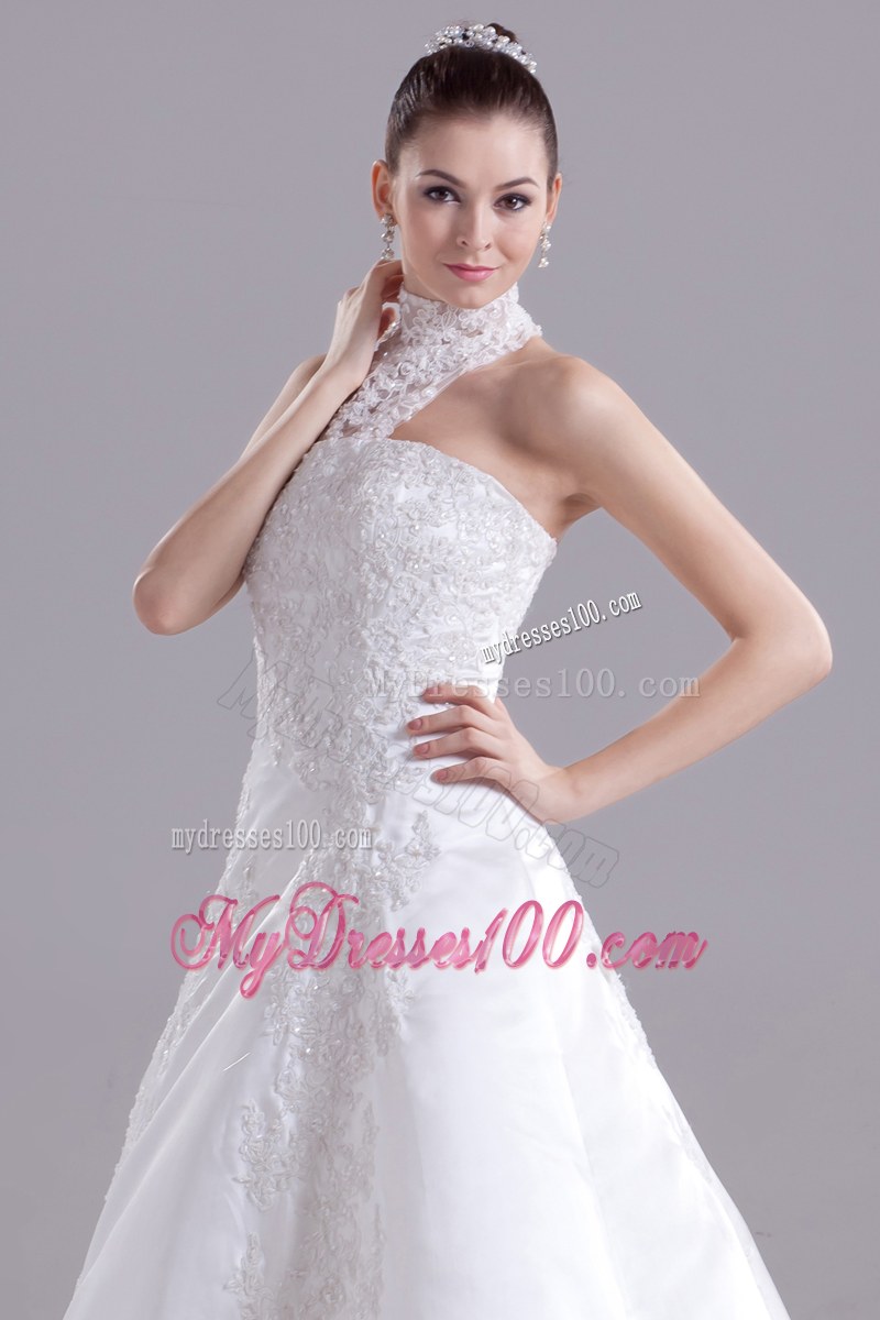 Lace High Neck Sweep Train Bridal Dress Decorated with Beaded Floral Appliques