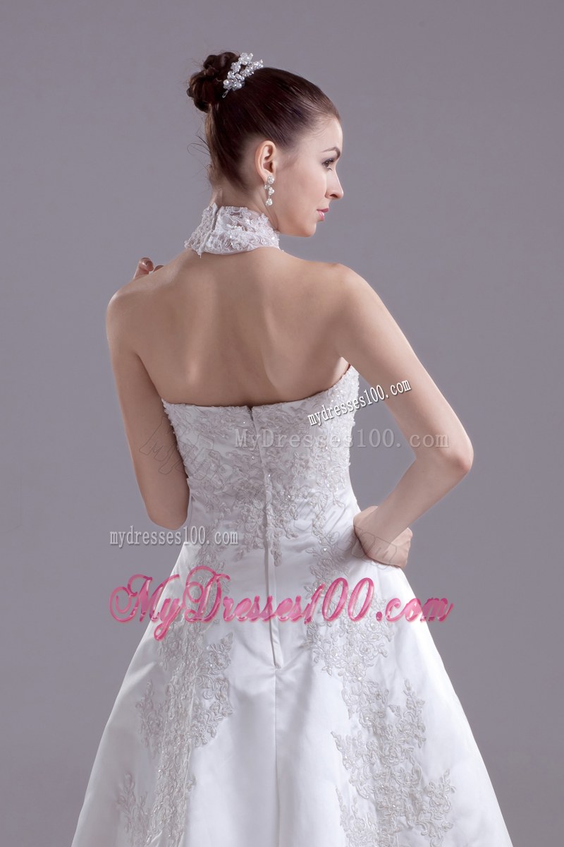 Lace High Neck Sweep Train Bridal Dress Decorated with Beaded Floral Appliques