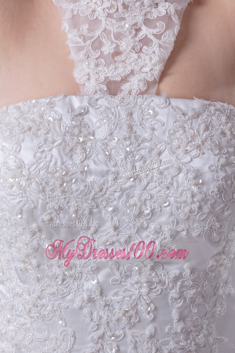 Lace High Neck Sweep Train Bridal Dress Decorated with Beaded Floral Appliques
