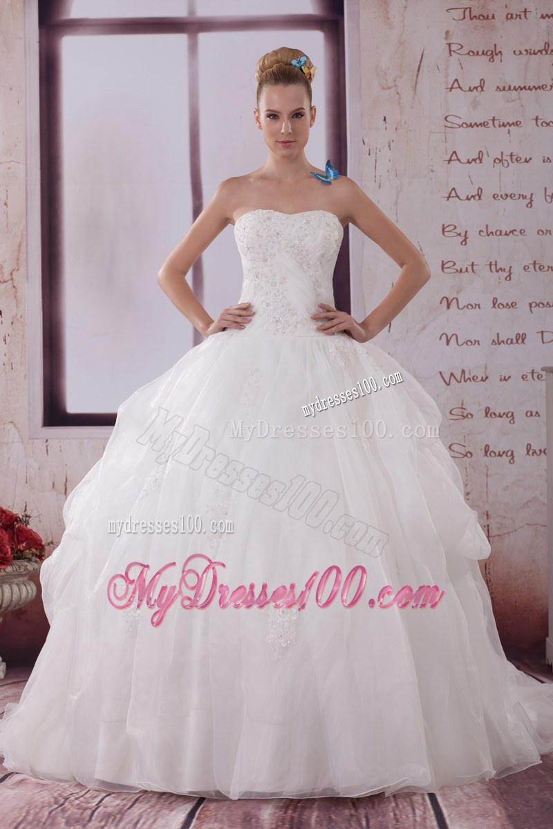 Beading and Appliques Decorated Brush Train Bridal Dress with A Big Puffy Skirt