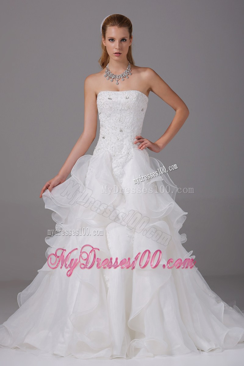 Beadings and Appliques Decorated Wedding Gown with Ruffles and Court Train