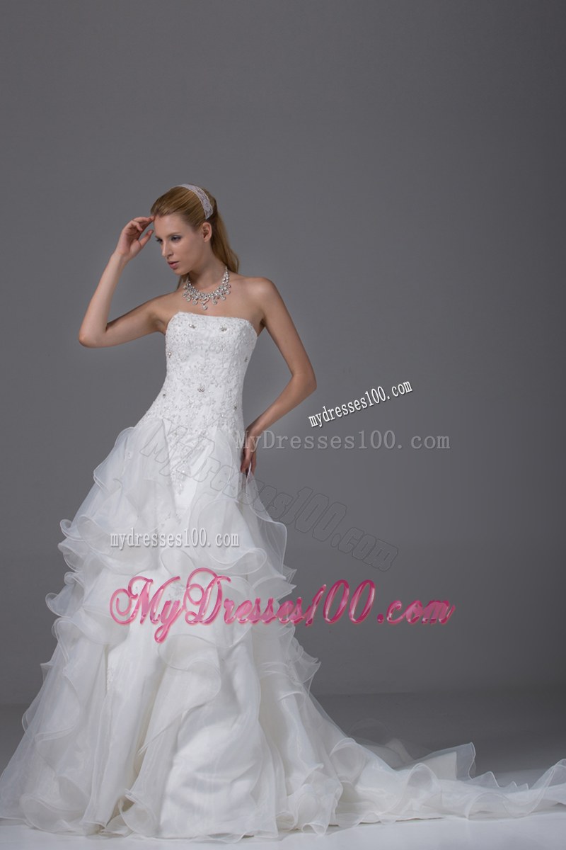 Beadings and Appliques Decorated Wedding Gown with Ruffles and Court Train