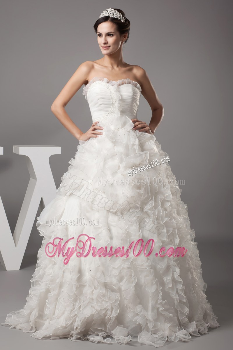 Petal Neckline Ruching Puffy Wedding Gown in White with Ruffled Layers
