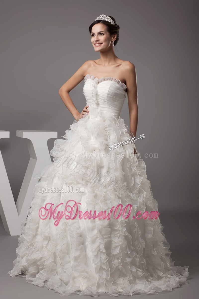 Petal Neckline Ruching Puffy Wedding Gown in White with Ruffled Layers