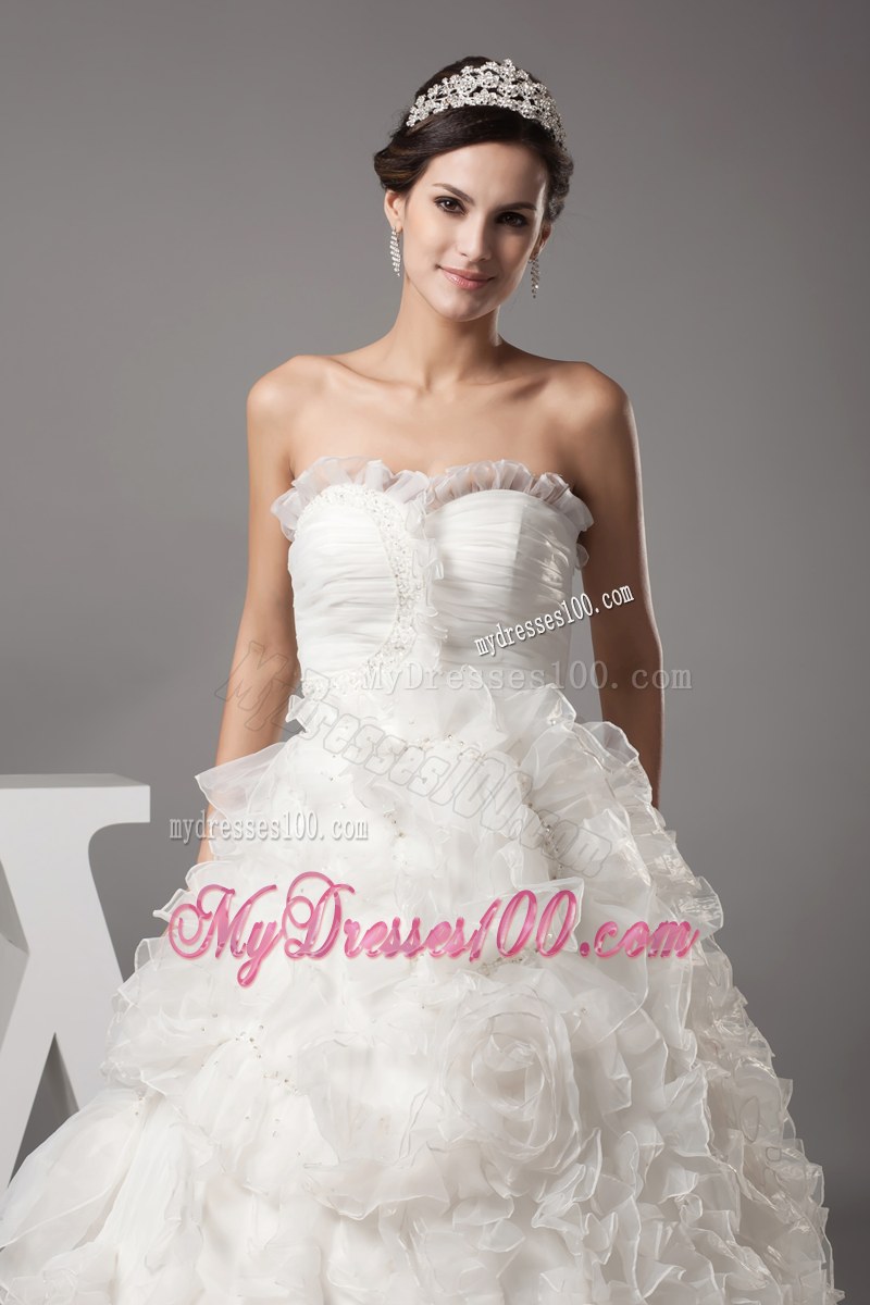 Petal Neckline Ruching Puffy Wedding Gown in White with Ruffled Layers