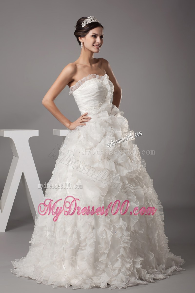 Petal Neckline Ruching Puffy Wedding Gown in White with Ruffled Layers