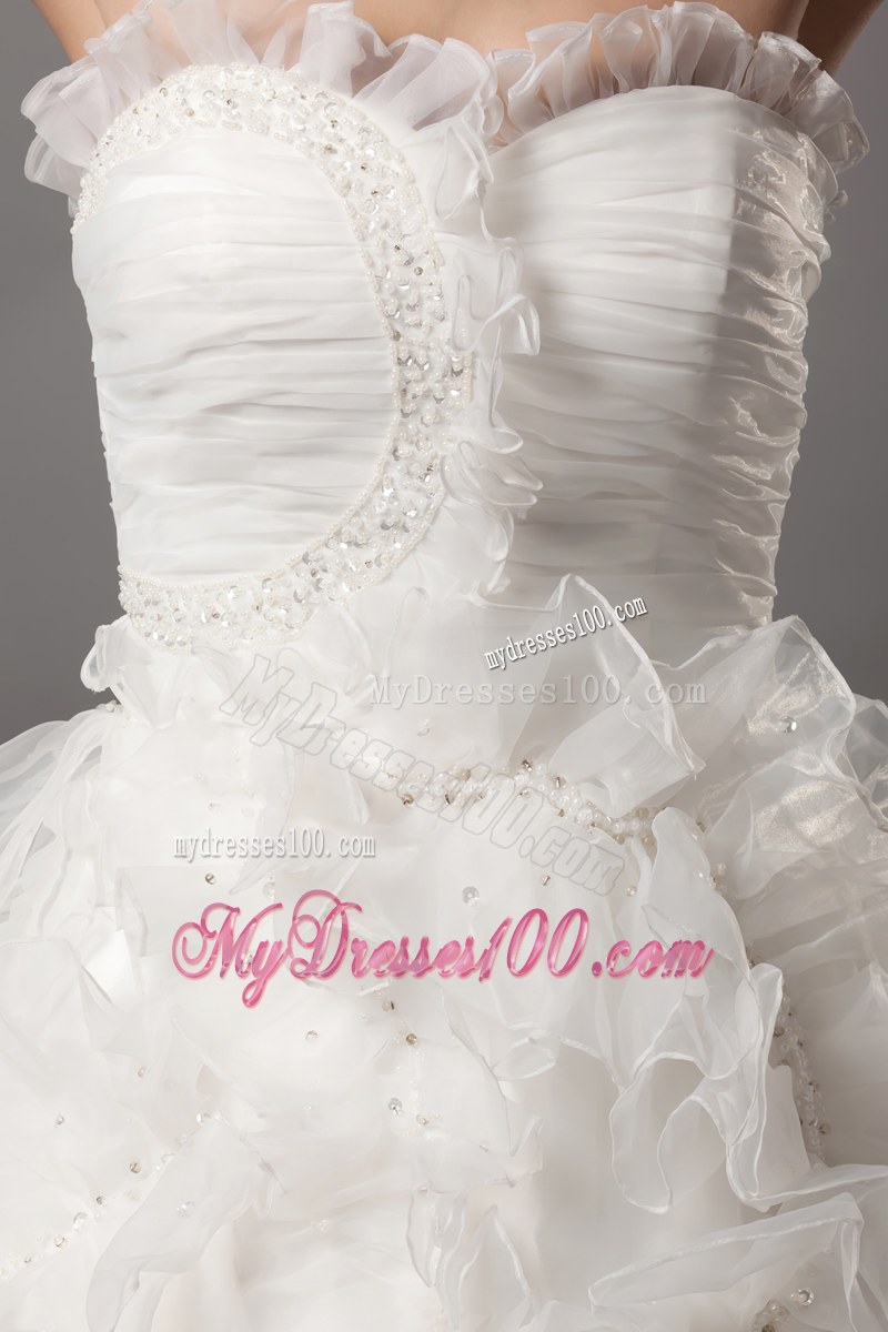Petal Neckline Ruching Puffy Wedding Gown in White with Ruffled Layers