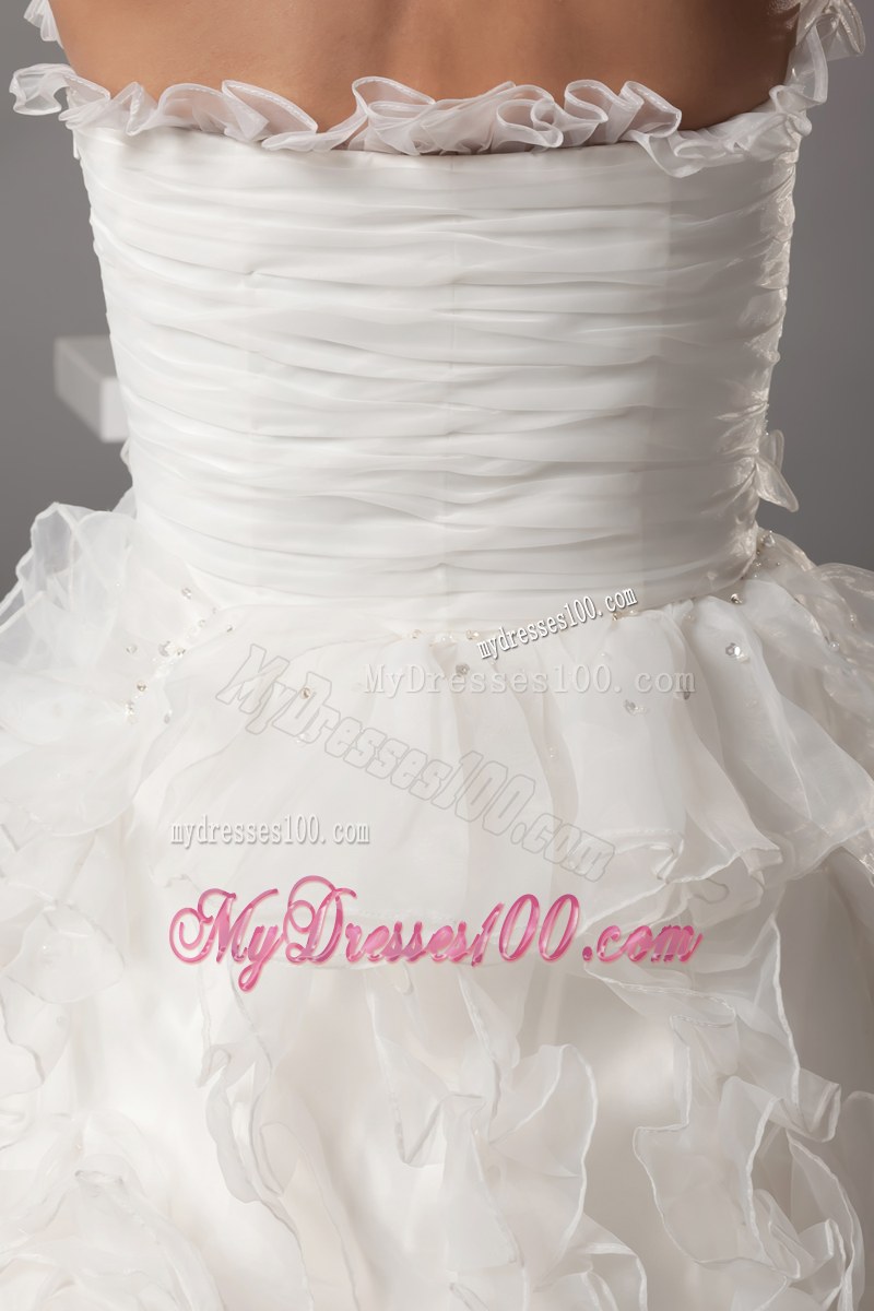 Petal Neckline Ruching Puffy Wedding Gown in White with Ruffled Layers