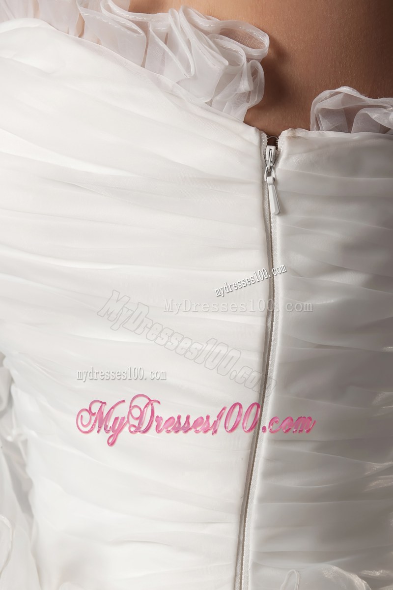 Petal Neckline Ruching Puffy Wedding Gown in White with Ruffled Layers
