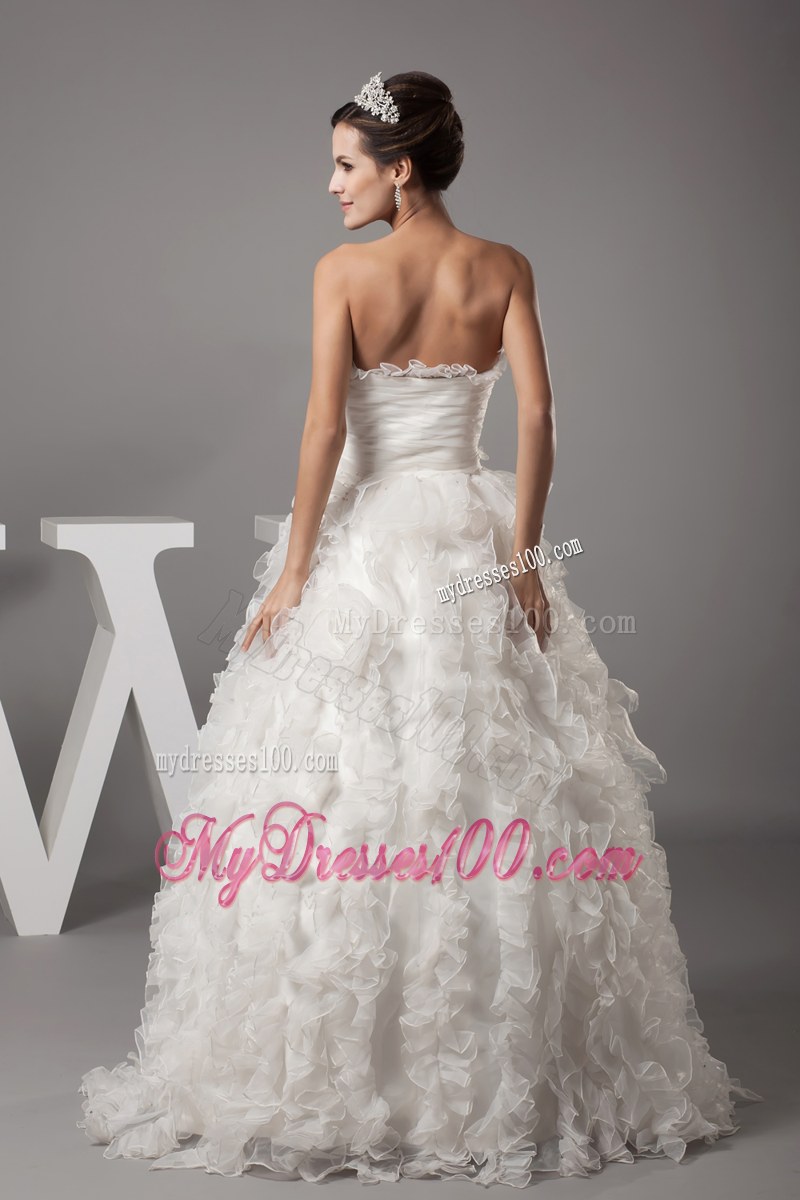 Petal Neckline Ruching Puffy Wedding Gown in White with Ruffled Layers