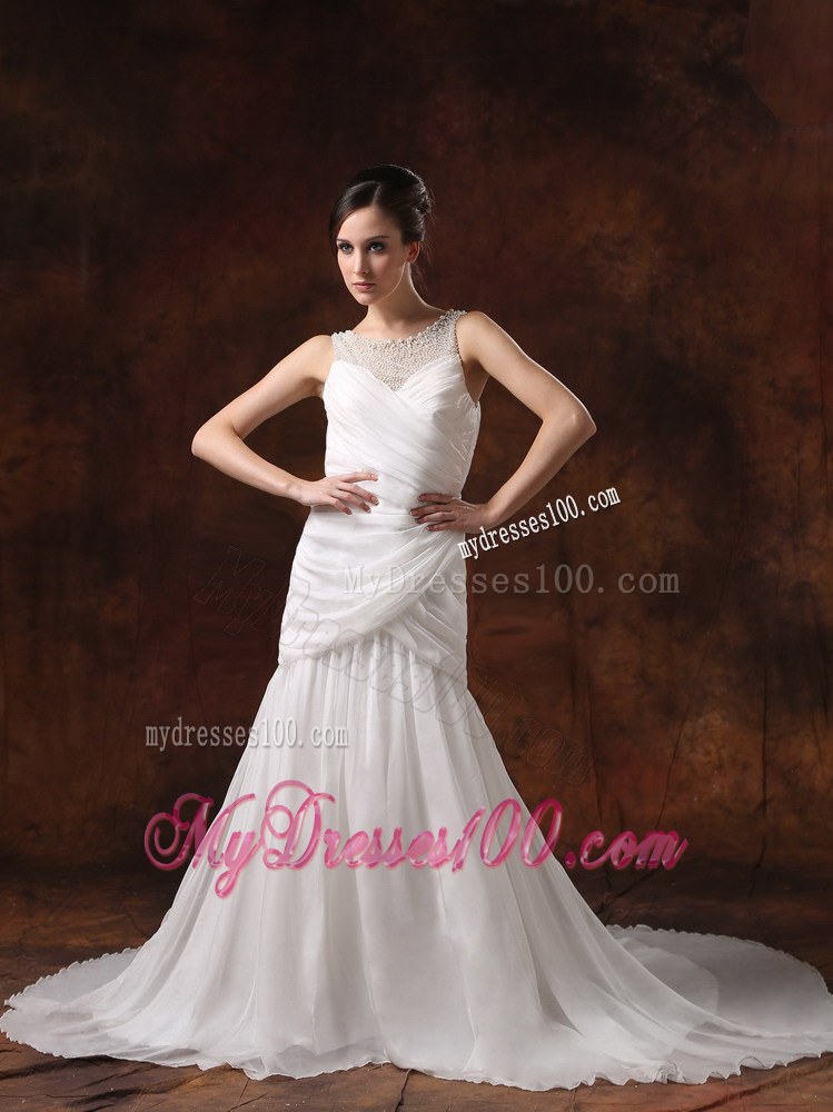 Ruffle-layers Bateau Neckline Sleeveless White Wedding Dress Court Train